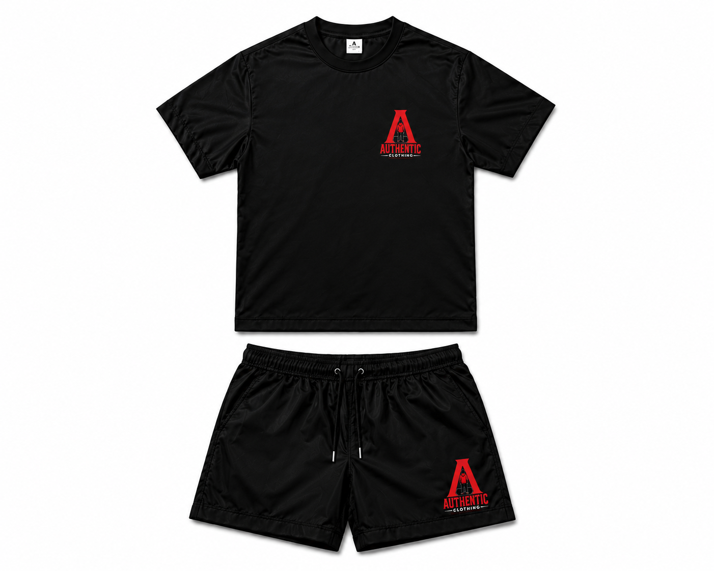 Authentic Clothing black nylon tee and shorts set